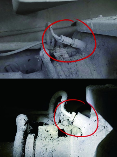 上图为大货车尿素喷射系统的后处理器上被加装螺丝的状态,下图为拆掉螺丝恢复正常的状态。本版图片均由新华社发